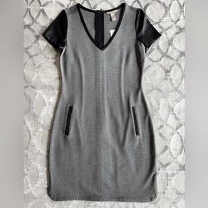 Banana Republic Gray with Faux Leather Sleeves and Trim Shift Dress Size 6